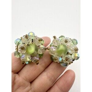 Vintage Western Germany Earrings Green Cluster Clip On
